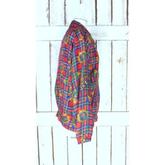 Vintage red blue checker plaid crest medallion print silk windbreaker - Picture 3 of 6
